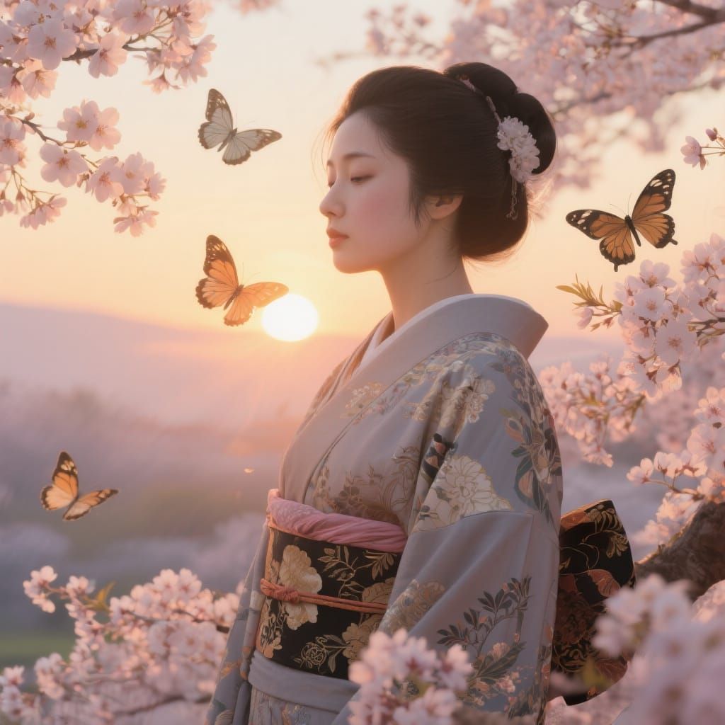 Sunrise Kimono Woman in Ukiyo-e Style