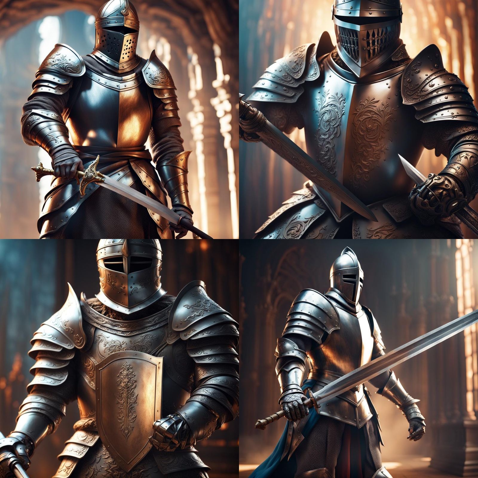 Hyperrealistic Knight Holding Sword in Shining Armor