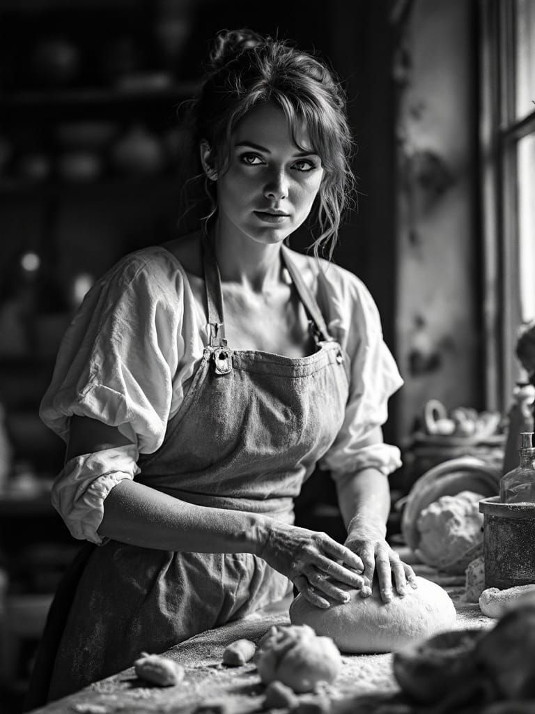 Redhead Baker in 1500s Kitchen, Luminous Monochrome