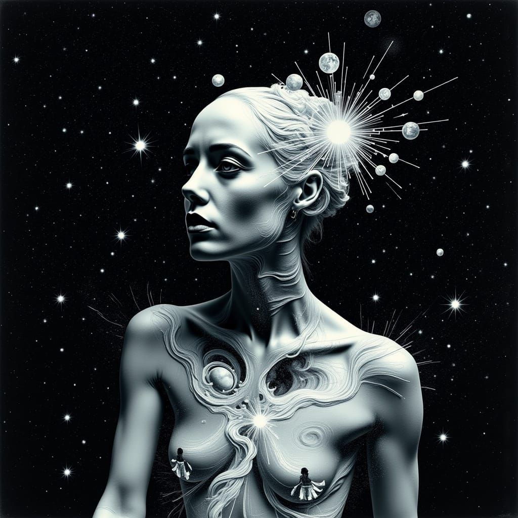 Ethereal Alien in Starry Night Sky Collage