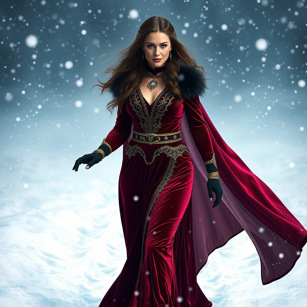 Nyssa Al Ghul in Velvet Christmas Dress Walking Through Snow