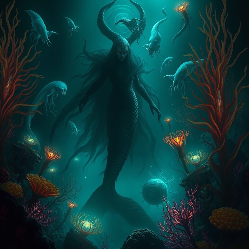 Ominous Mermaid in Dark Ocean Garden