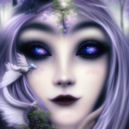 Innocent youthful gothic good witch with very innocent looking face& Beautiful blonde hair& Blue eyes& smoky black eyesh...