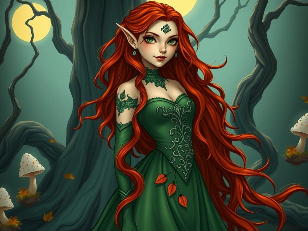 Whimsical Fantasy Elf Maiden Amidst Moonlit Forest