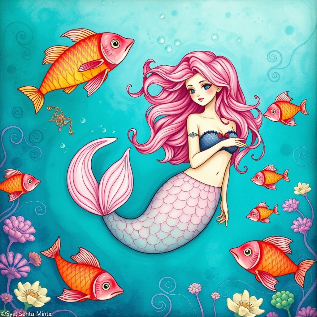 Ethereal Art Nouveau Mermaid in Vibrant Turquoise Depths