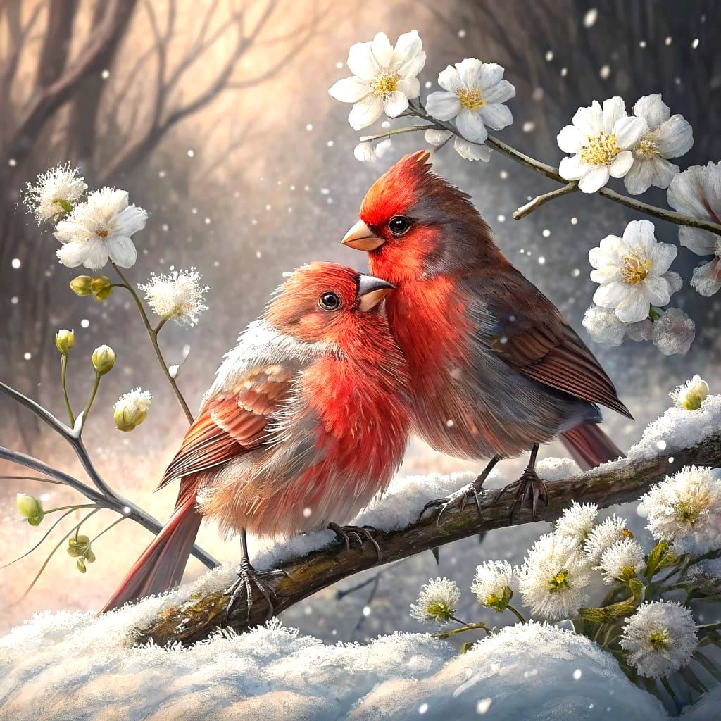 Red Finches in the Snow