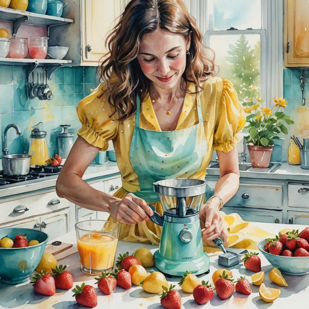 Whimsical Watercolor of Woman Juicing Strawberries