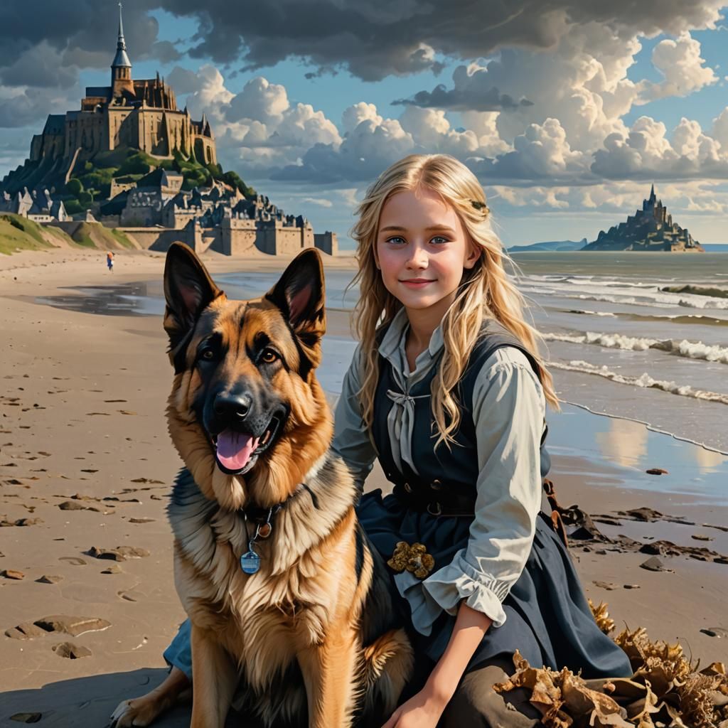 Girl and Dog Portrait on Beach, Mucha Style