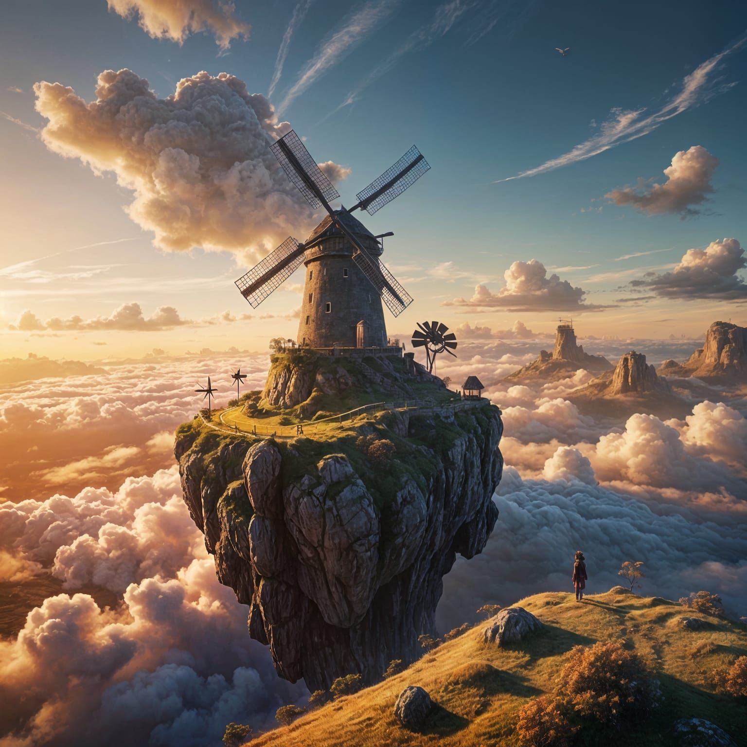 Floating Island with Windmill at Sunset in Anime Style