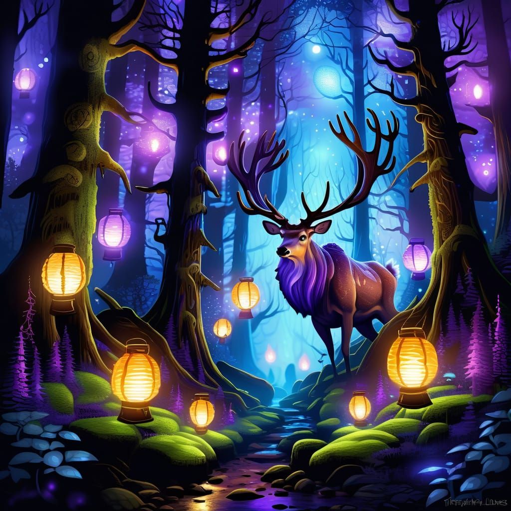 Colossal Antlered Giant Lights Lanterns in Mystic Forest