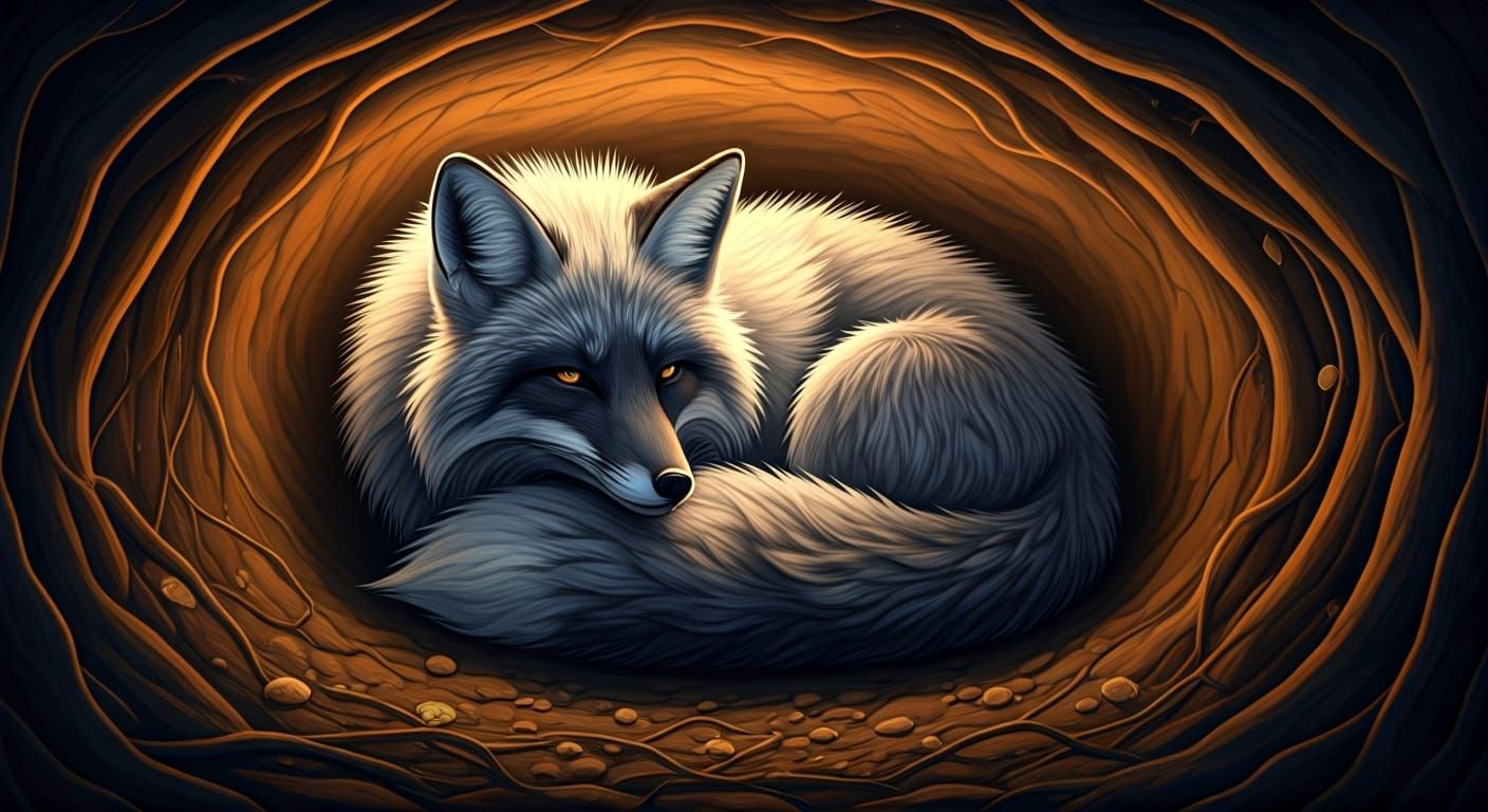 Silver Fox in Cozy Den: Atmospheric Digital Art
