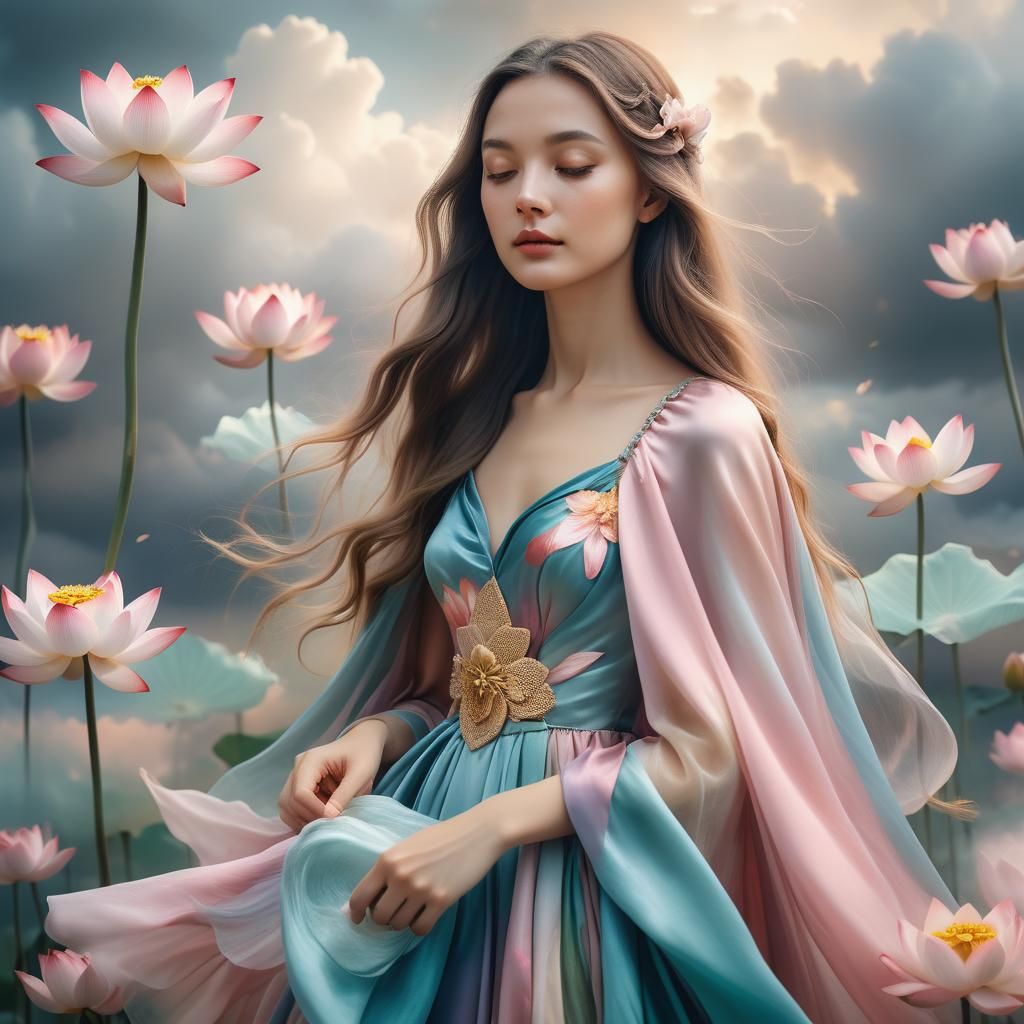 Dreamy Surreal Portrait of Woman Creating Lotus Flowers