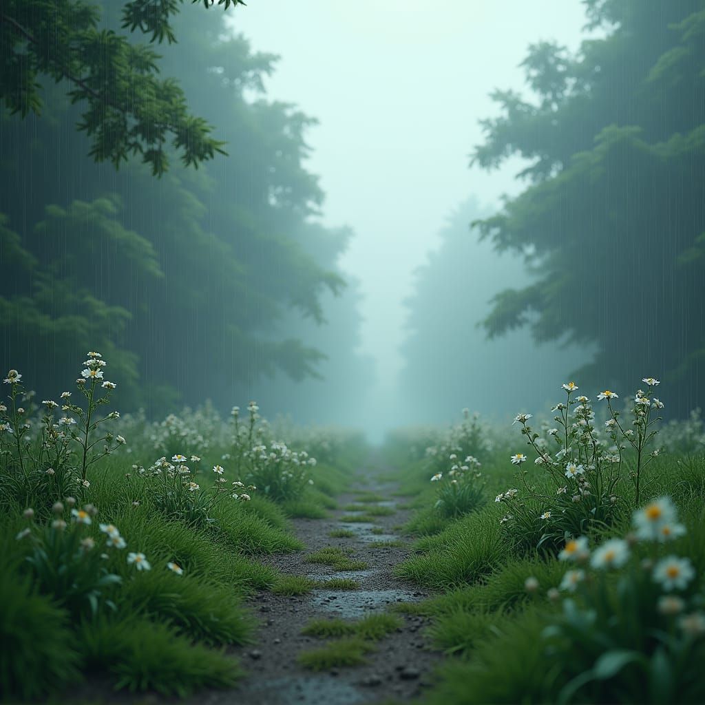 Hyperrealistic Rainy Season Landscape with Foggy Path