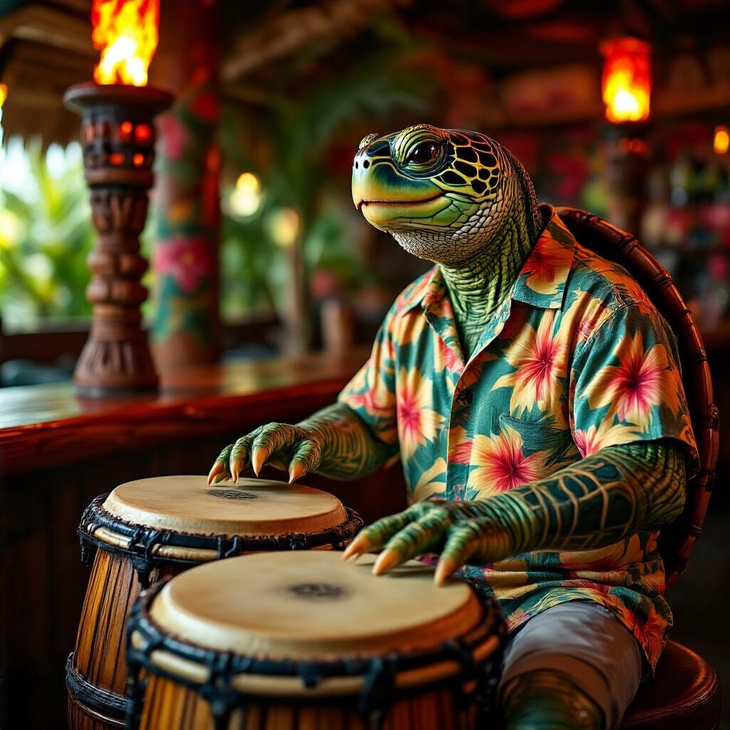 Turtle Bongo Player at Tiki Bar: Photorealistic