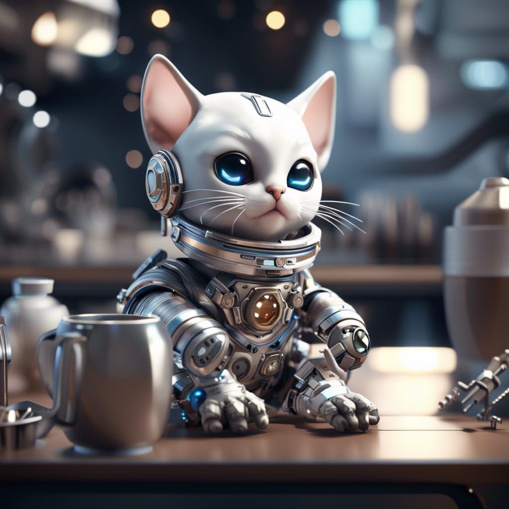 Space Coffee Shop with Kitten in Spacesuit