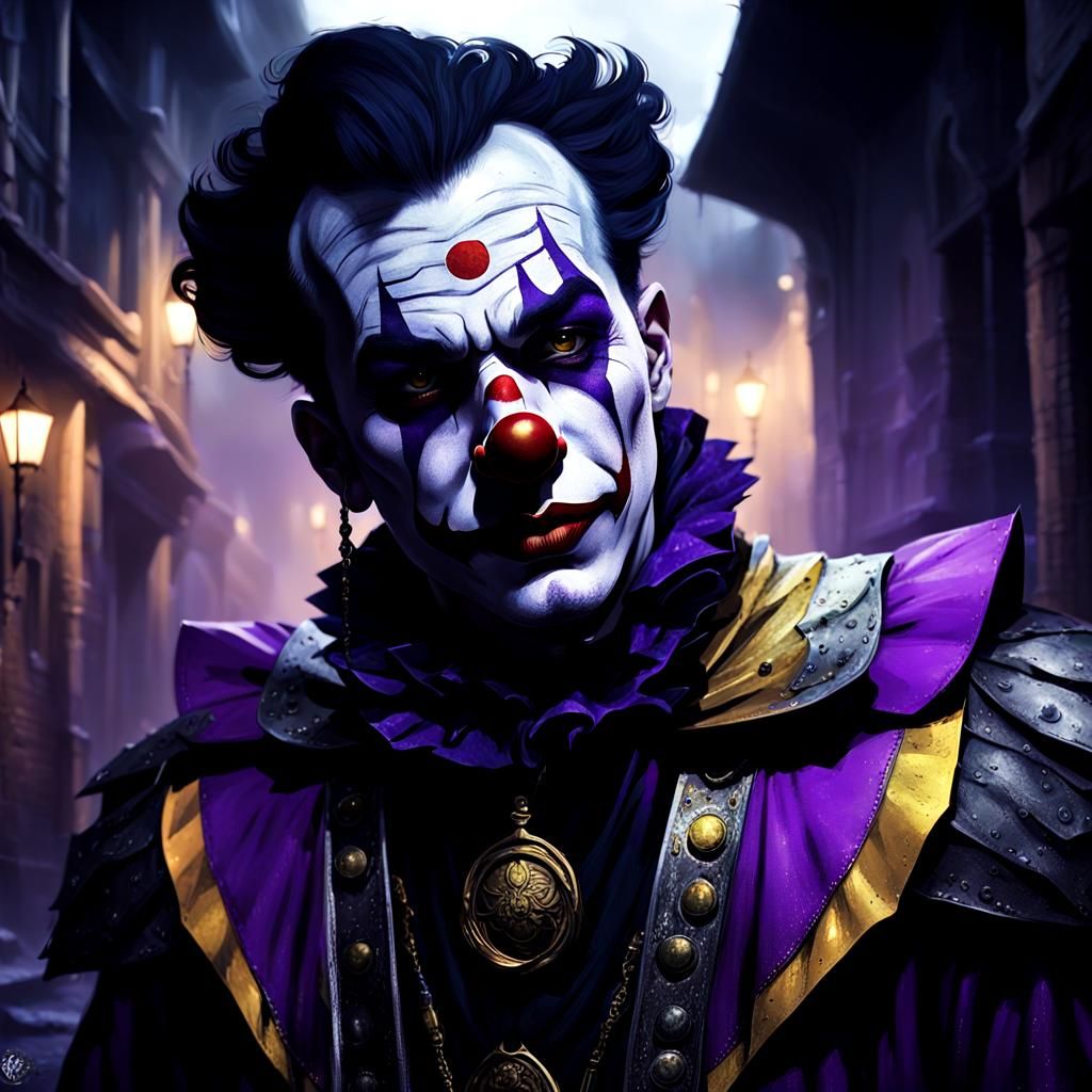 Clown Knight in Dim Alleyway: Dark Fantasy Art