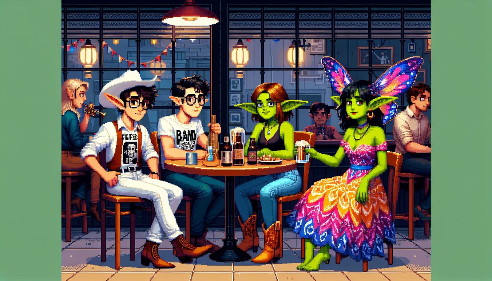 Lively Café Scene in Pixel Art Style
