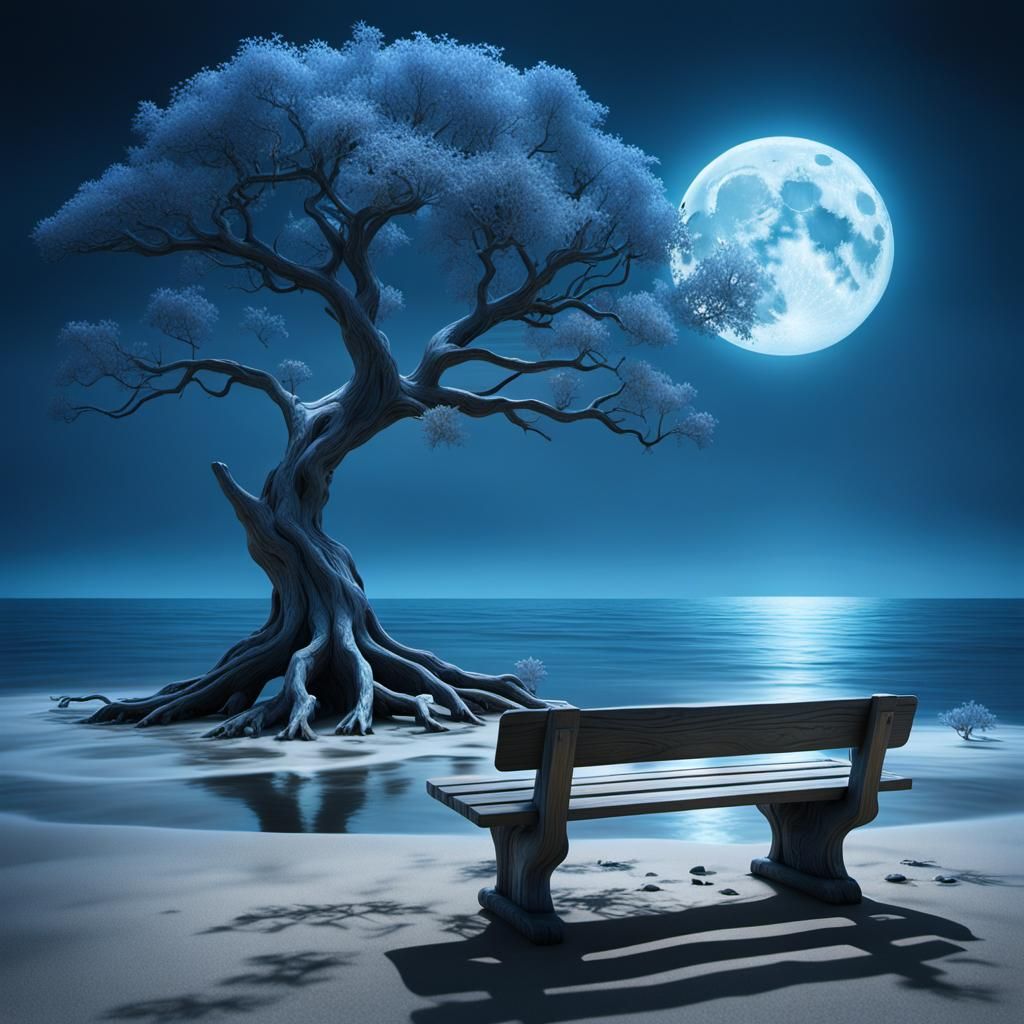 Surreal Moonlit Beach with T-Branch Tree in 8K