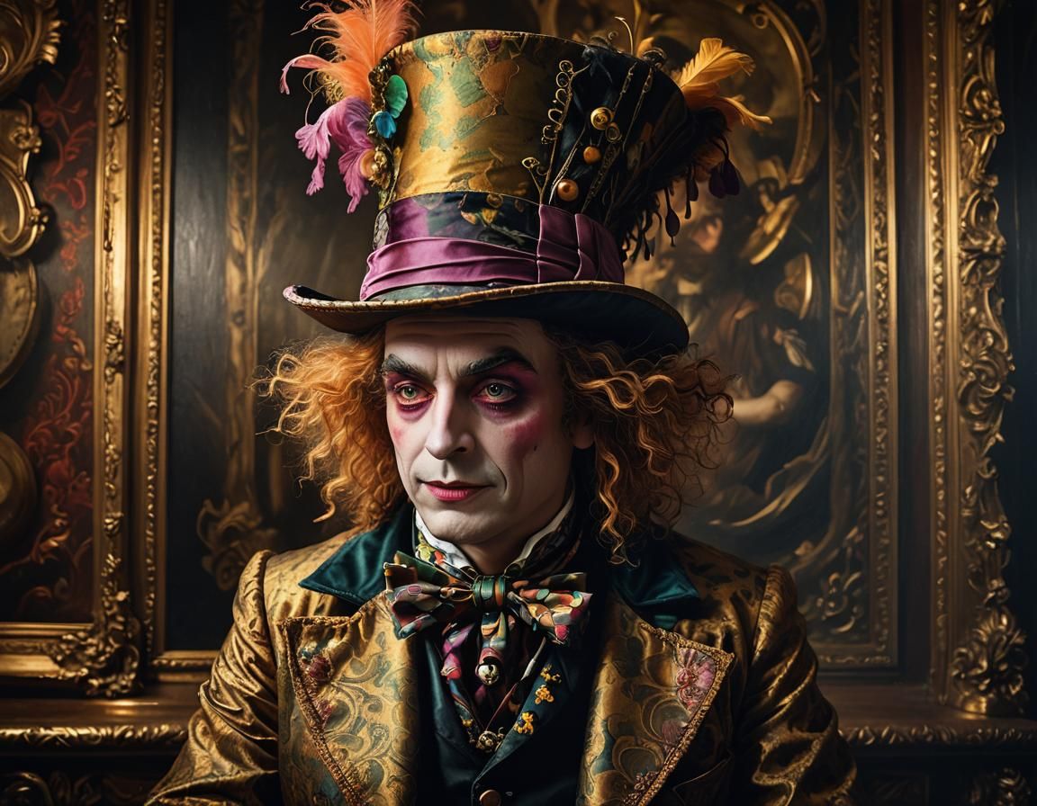 Mad Hatter Portrait in Ornate Room, Oil Painting Style