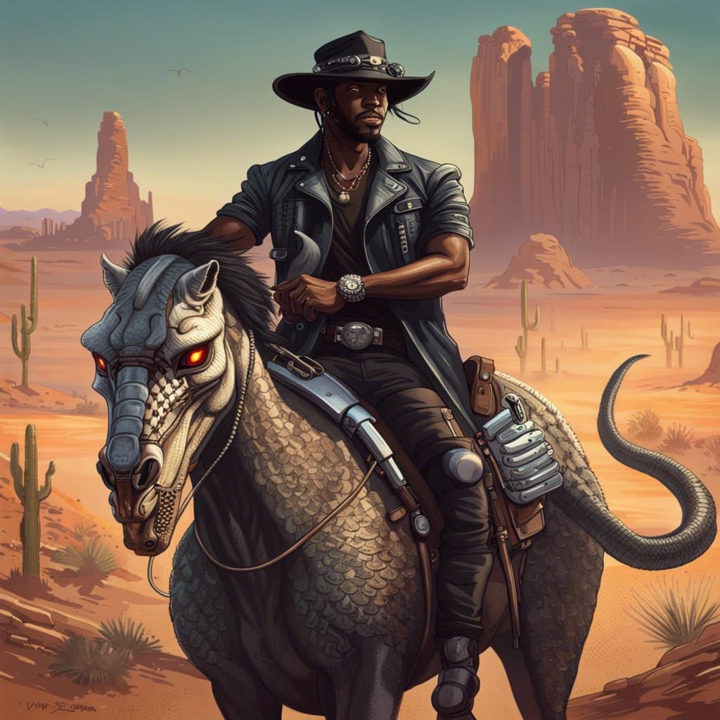 Handsome black cyberpunk cowboy riding a mechanic horse through the Arizona desert,