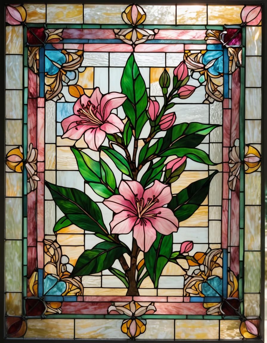 Stained Glass Art of a Pink Oleander Flower