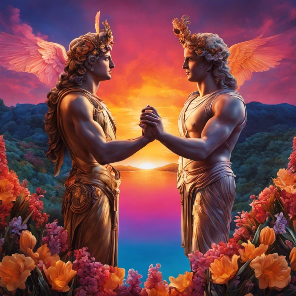 A painting of the Greek gods Apollo and Hyacinthus holding hands