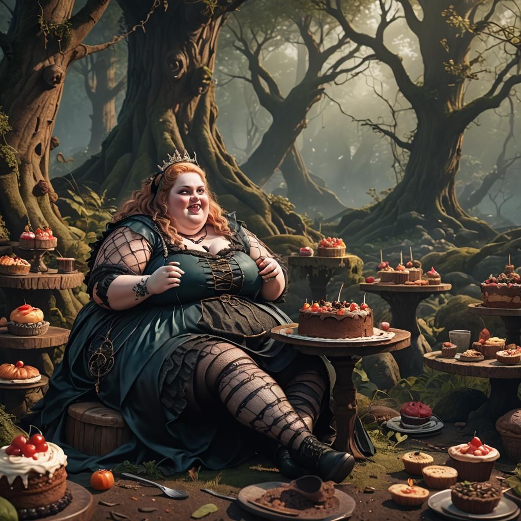 Detailed Matte Painting of an Obese Woman Eating Cake