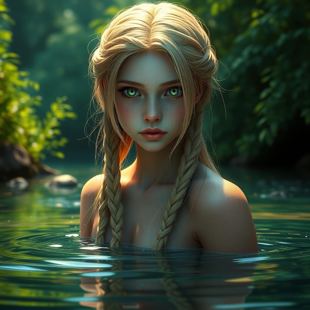 Fantasy Girl in River, Detailed Matte Painting