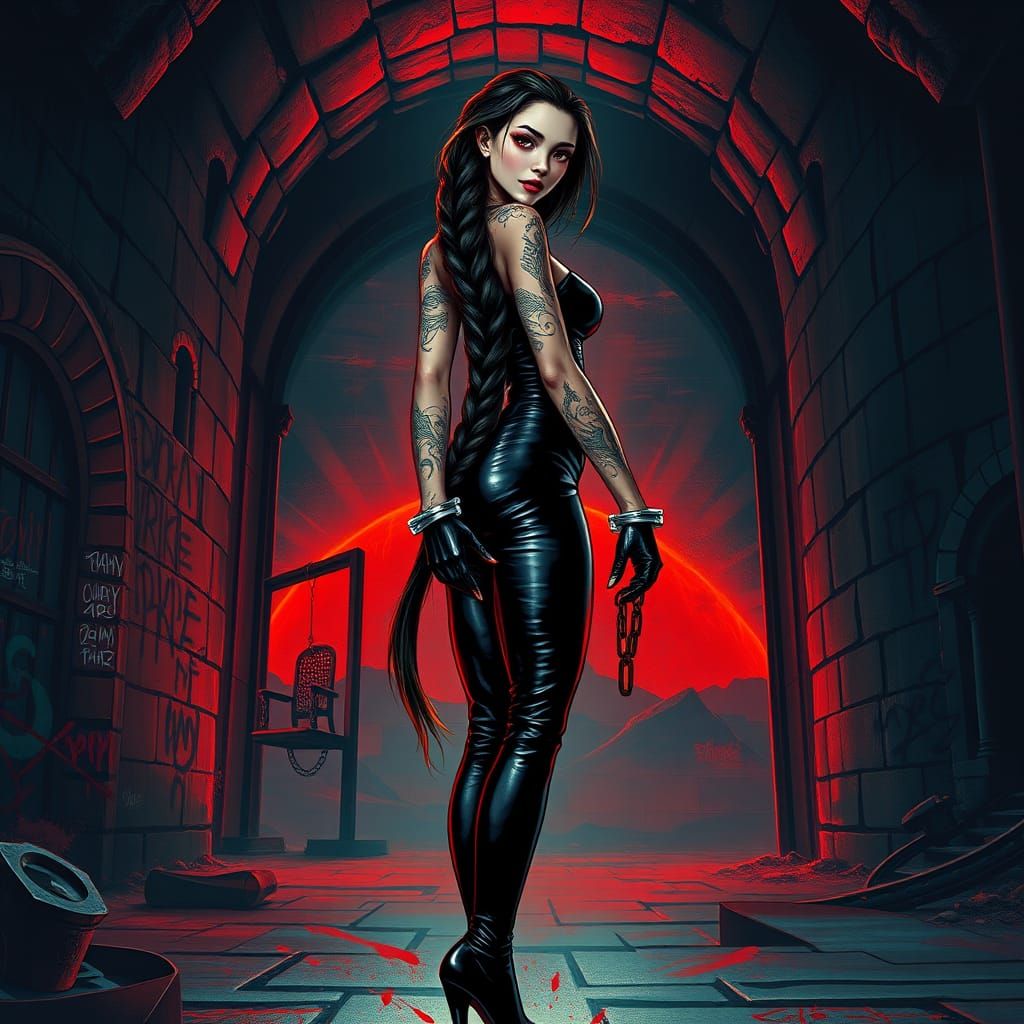 Sleek Vampire Woman in Black Leather Outfit with Tribal Tatt...