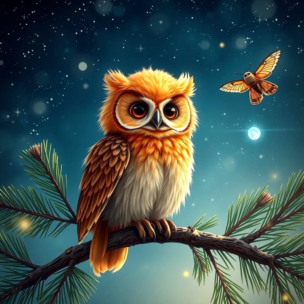 Cute Fluffy Owl Baby in Starlit Sky