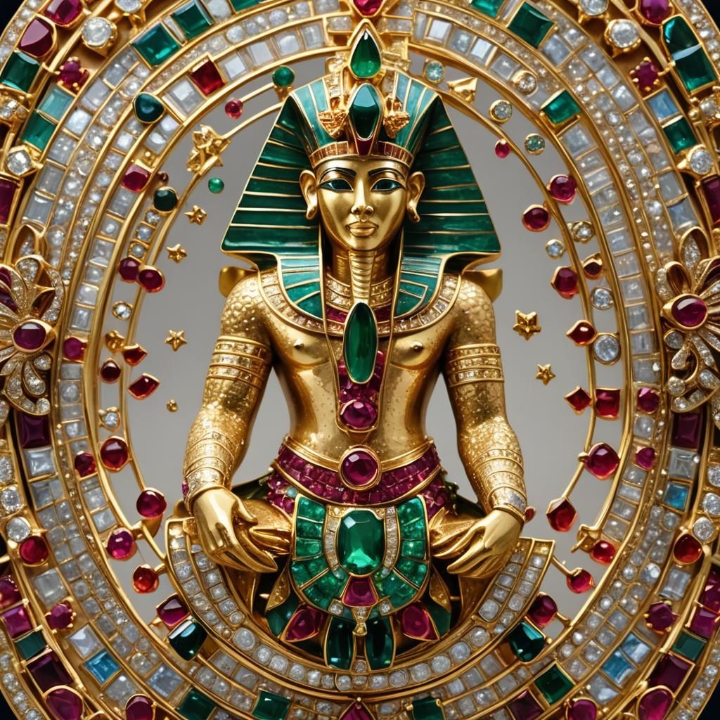 Egyptian God Amon Brooch in Gold and Precious Gems