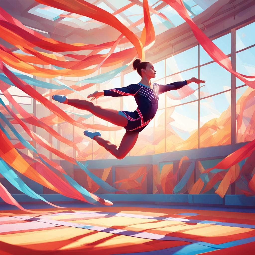 Gymnast's Double Somersault in Sunlit Gym