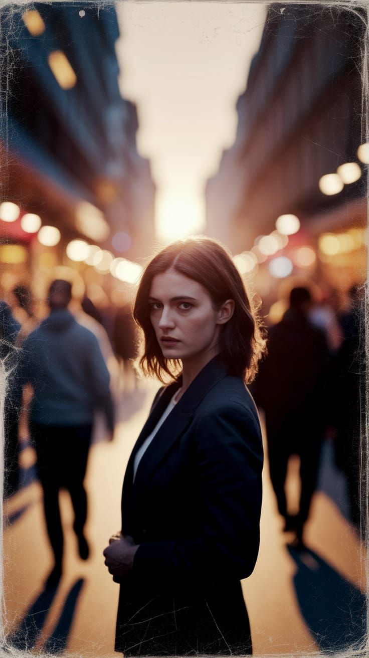 Woman in Crowded City Street, Damaged Film Aesthetic