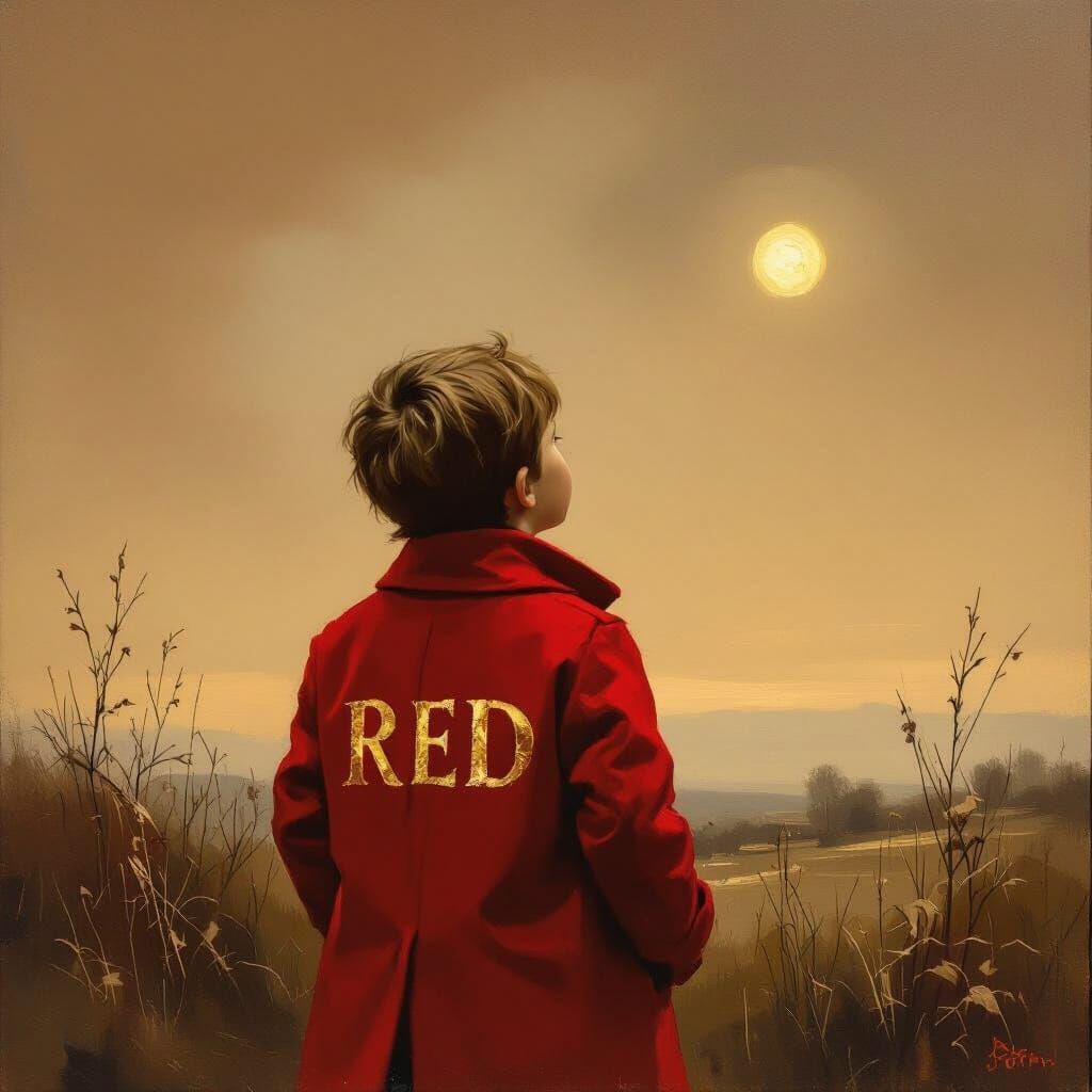 Boy in Red Coat Gazes at Light Brown Sky