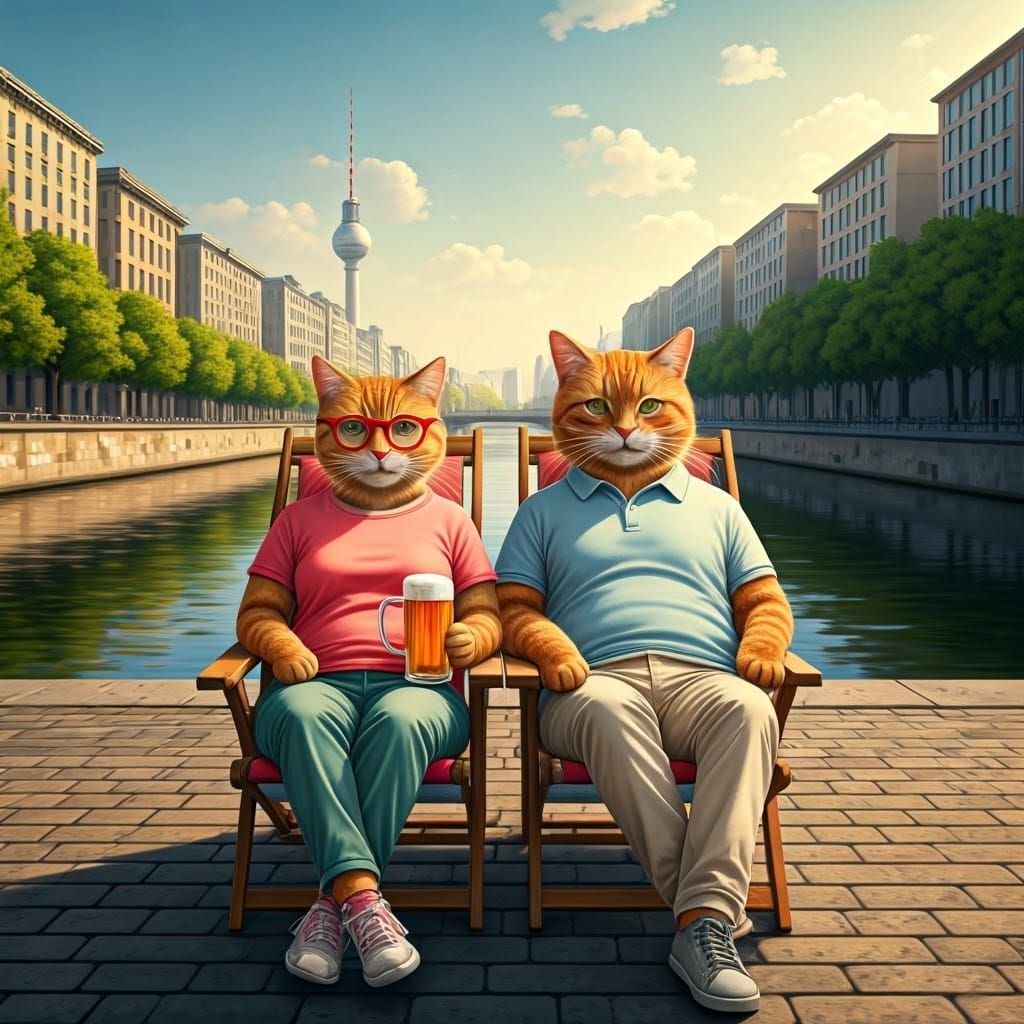 Ginger Cat Couple Enjoying Beer by the River