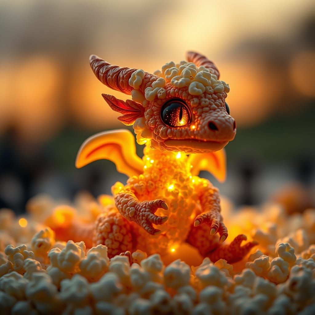 Whimsical Popcorn Dragon in a Golden Glow