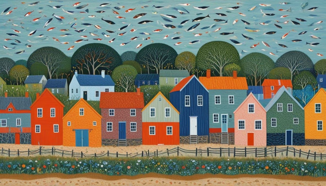 Vibrant Fishing Village Huts in Intricate Detail