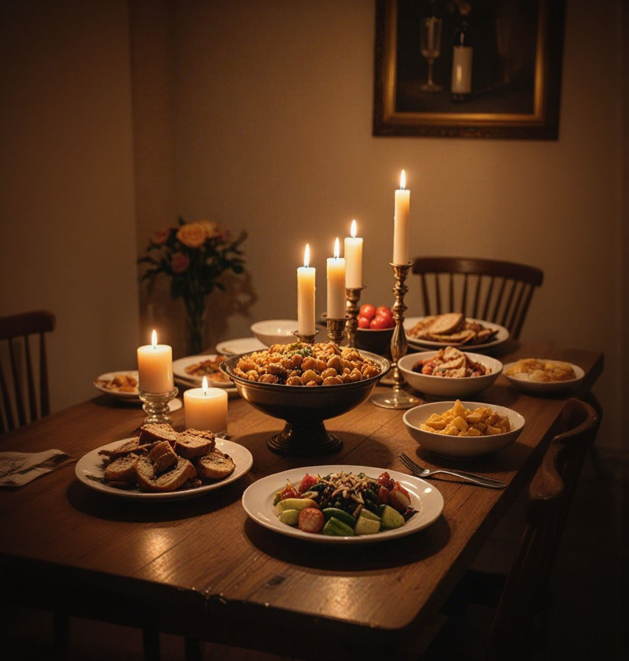 Ramadan Candlelit Food Table with Warm Glow