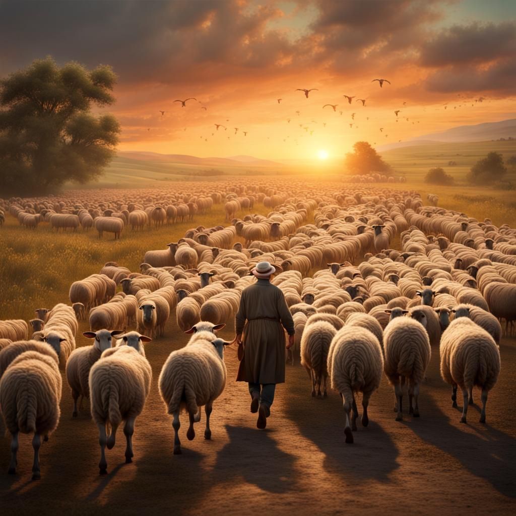 Farmer Herding Sheep at Sunset: Digital Painting