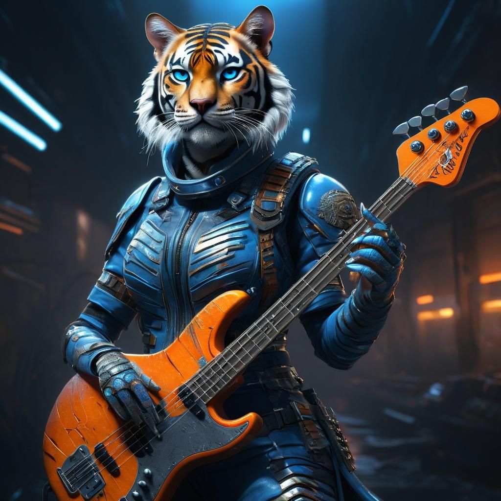 Futuristic Anthro Tiger with Guitar, Digital Matte Painting