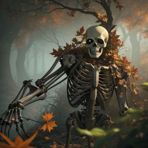 Skeleton in Autumn Foliage, Vibrant Anime Style