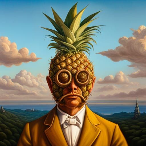 Photorealistic Pineapple Creature in Maximalist Surrealism