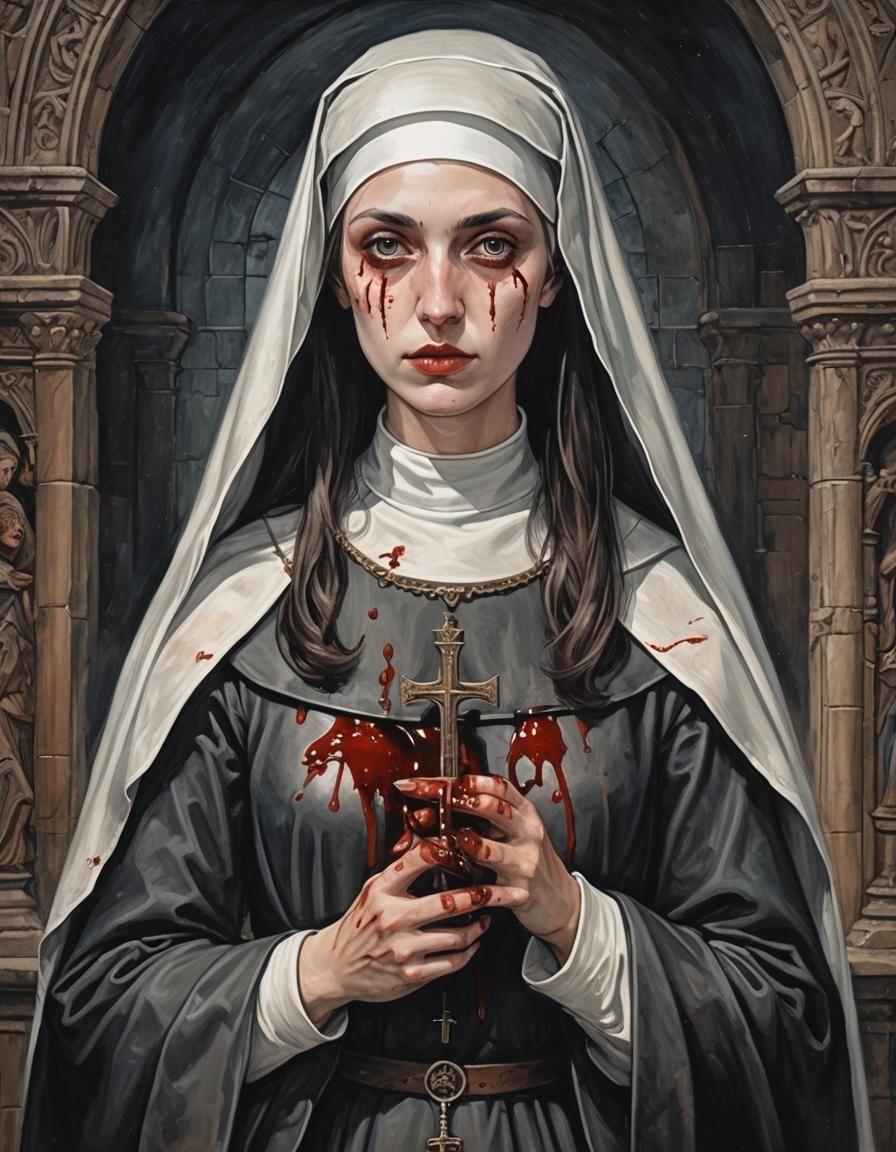 Hyperrealistic Nun in Dark Ages Setting