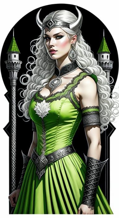 Viking-Visigoth-paintpunk-Woman in a applegreen dress with white-lace-trimming with a castle dark-background