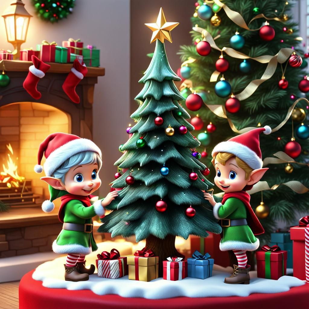 Christmas Elves Decorating Tree in Pixar Style