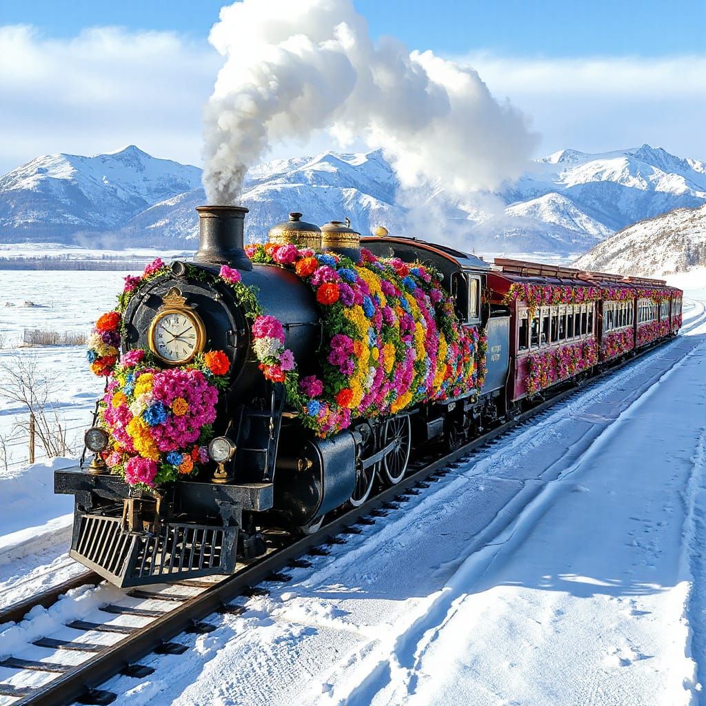 Vibrant Floral Steam Locomotive in Winter Wonderland