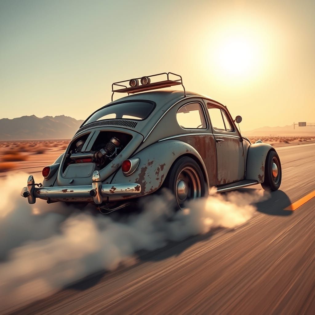 Rat Rod Beetle Speeds Down Desert Highway in Burnout