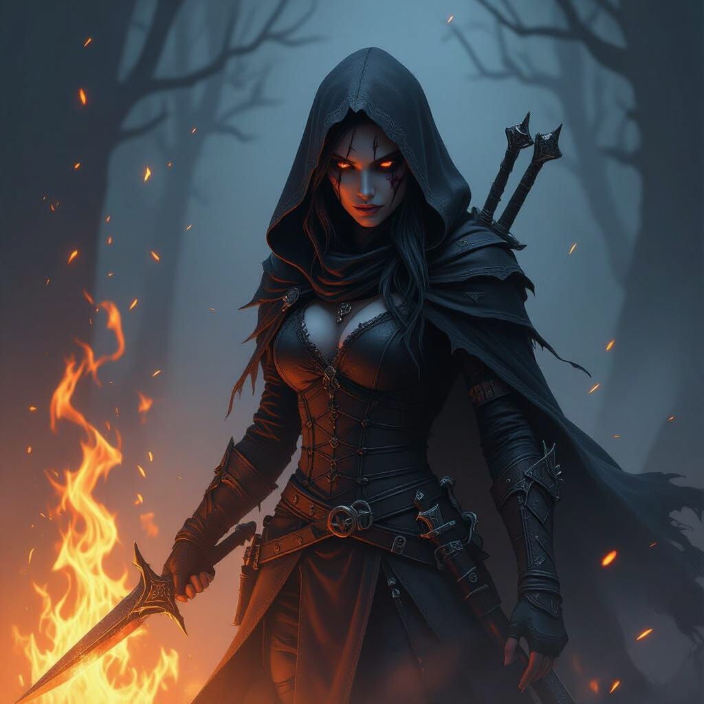 Dark Fantasy Rogue with Flaming Cloak and Void Daggers