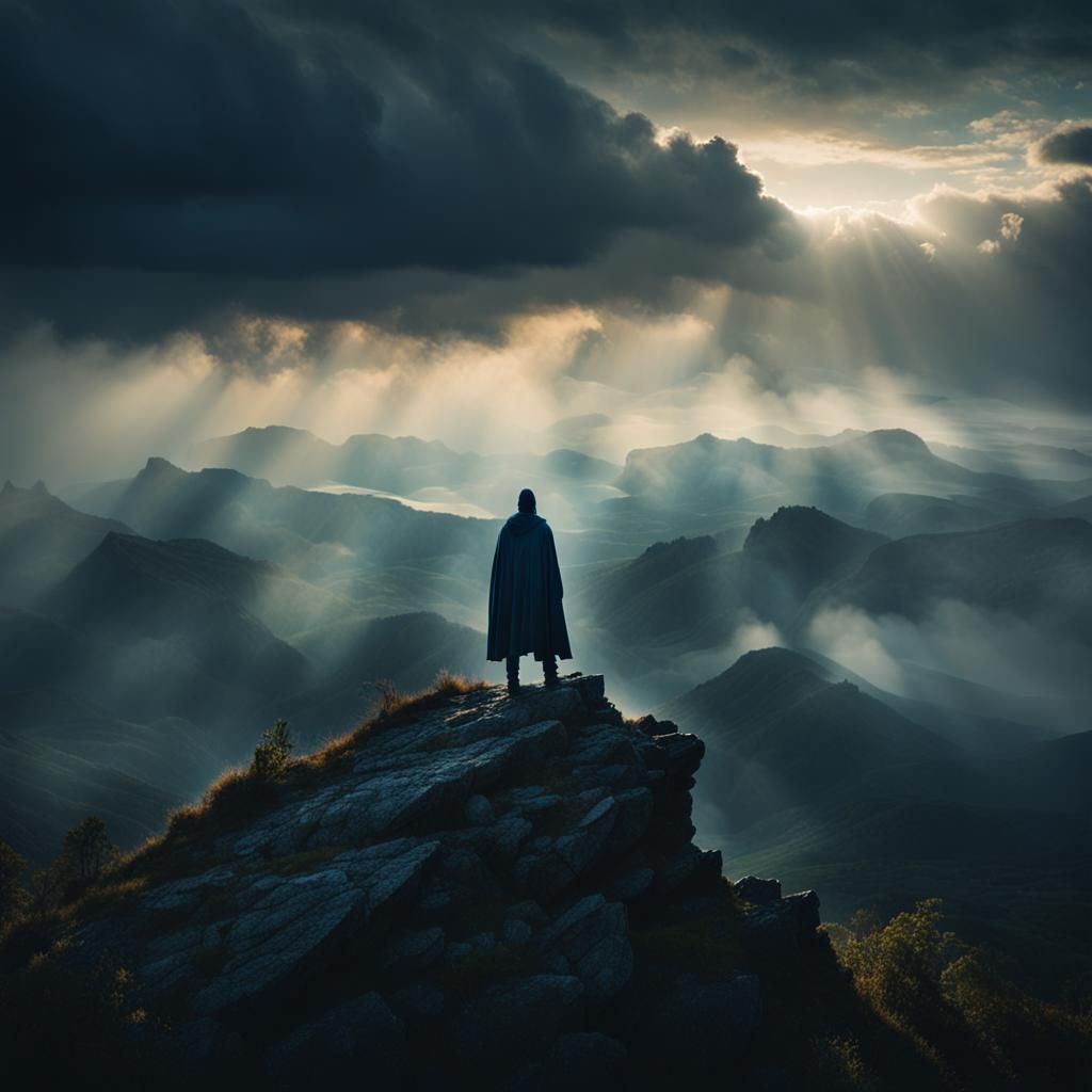 Mysterious Figure on Mountain Peak in Cinematic Style