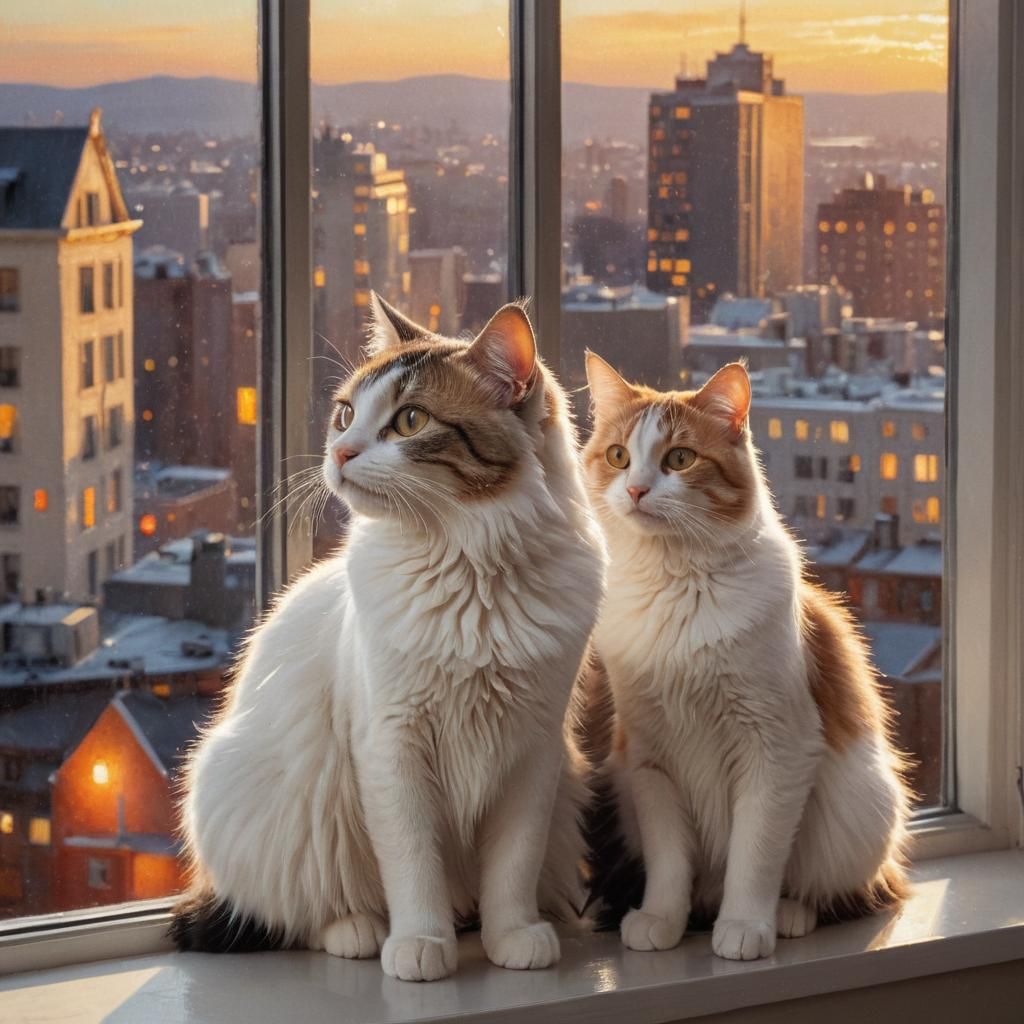 Two Cats Admiring Cityscape, Vibrant Oil Painting